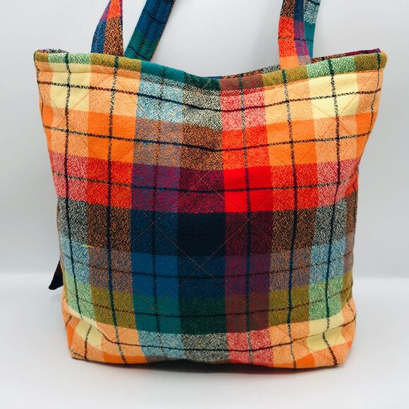 Handmade Tote Bag: Repurposed, Bright Bouquet on Plaid, Orange Blue Yellow Green - Picture 7 of 10